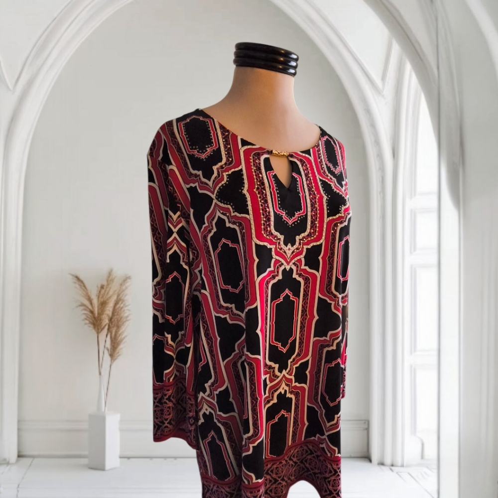 Red and Black Geometric Long Sleeve Tunic Blouse with Gold Beading